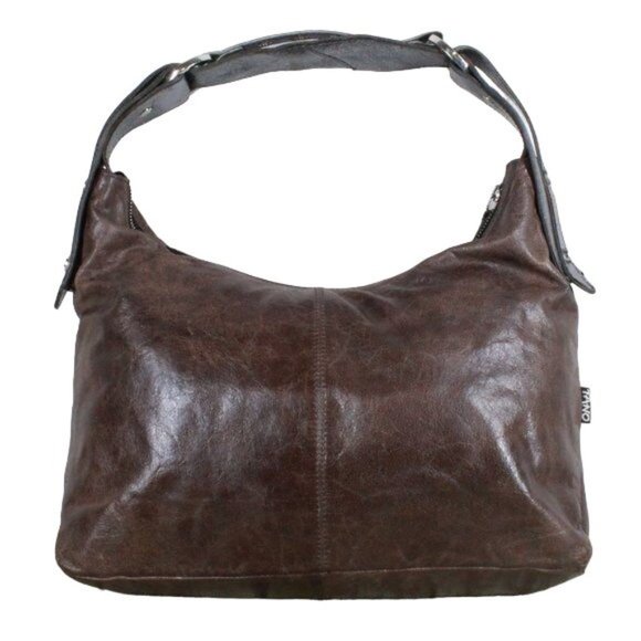 Tano Brown Distressed Leather Purple Lined Silver Trim Hobo Purse Shoulder Bag - Picture 4 of 10
